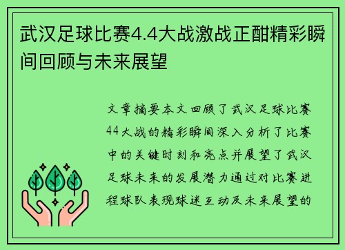 武汉足球比赛4.4大战激战正酣精彩瞬间回顾与未来展望